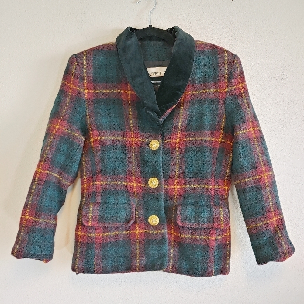 Vintage Albert Nipon Wool Knit Plaid Velvet Cropped Jacket SZ 12 Academia Preppy